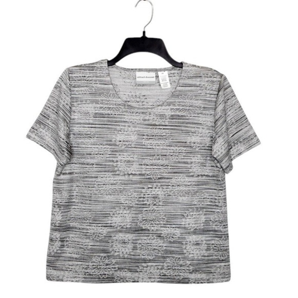 Alfred Dunner Womens Top PS Gray Short Sleeve Textured Floral Stripe Metallic